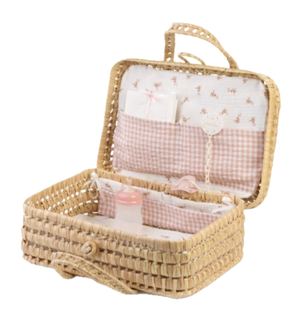 maleta para muñeca con estampado de flores y vichy palma-92321