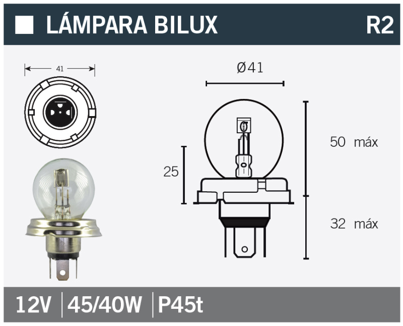 lámpara bombilla 12v45/40w para foco europeor2 - p45t