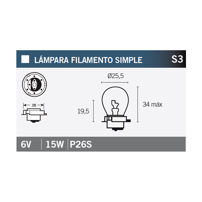 lámpara bombilla 6v15w p26s no homologada para carretera