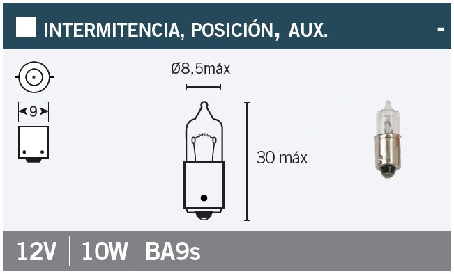 lámpara bombilla blanca bayoneta 9mm 12vx10w