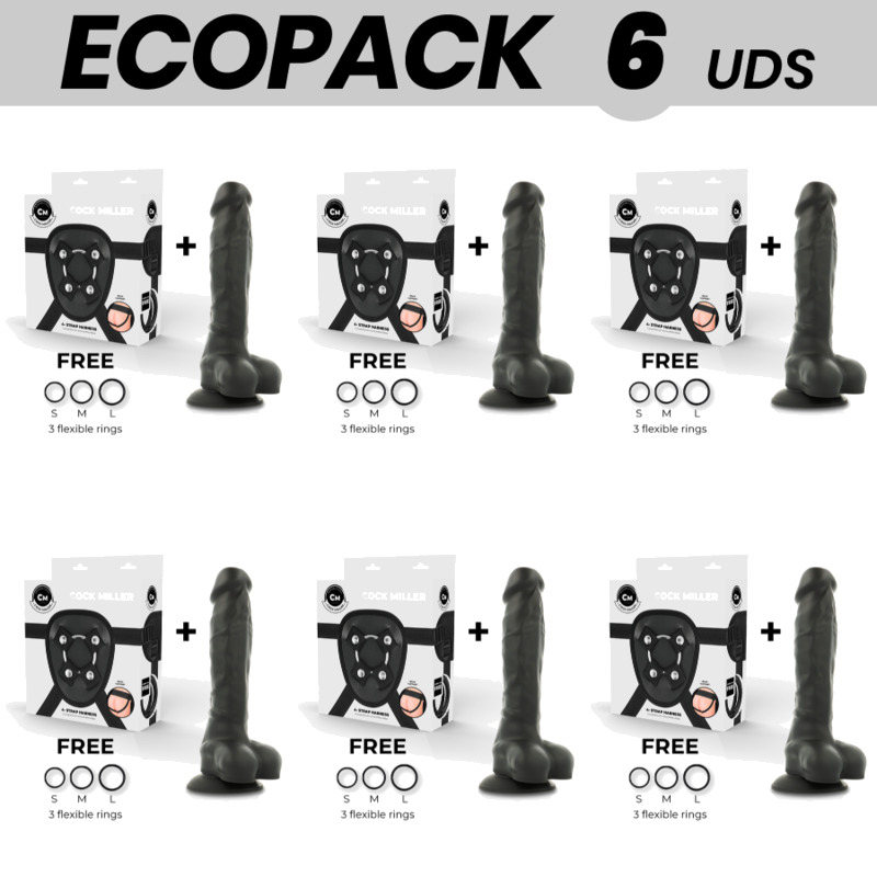 pack de 6 arneses con pene realístico articulable de silicona ecopack density-cocksil 19,5 cm