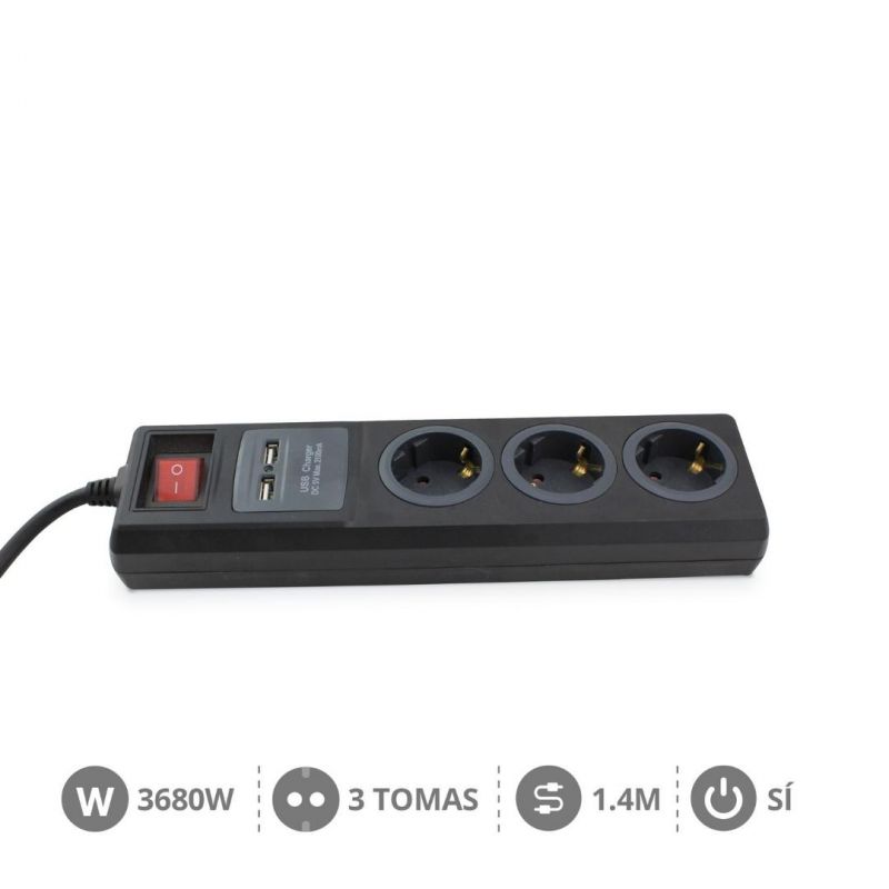 regleta 3 enchufes con interruptor + 2 puertos usb  (3x1.5 mm) 1,4 m