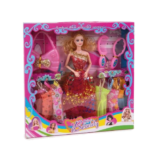 muñeca con 7 vestidos bolso y espejo