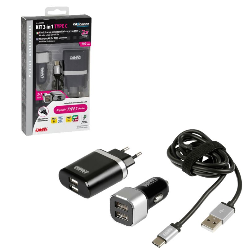 kit cargador móvil 3 en 1 tipo c 12/24v +230v con carga rápida