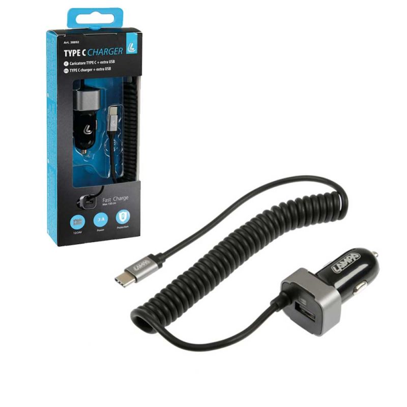 cargador de mechero rápido con cable type c usb 3000 ma 12/24v 150 cm para teléfono móvil