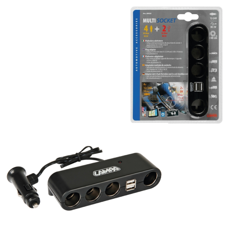 enchufe mechero 4 tomas + 2 puertos usb 1a 60 cm 5a 12/24v