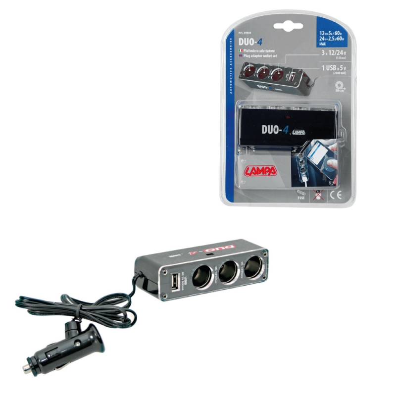 adaptador enchufe mechero 3 tomas 1 puerto usb duo-4 12/24v