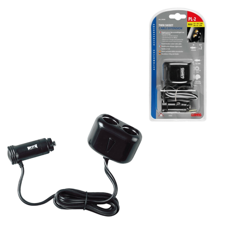 enchufe mechero 2 tomas pl2 led 200cm 10a 12/24v - doble enchufe con fusible incluido