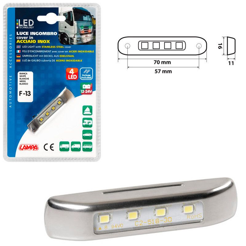 luz de galibo 4 led 12/24v con cobertura de acero inoxidable - montaje en superficie