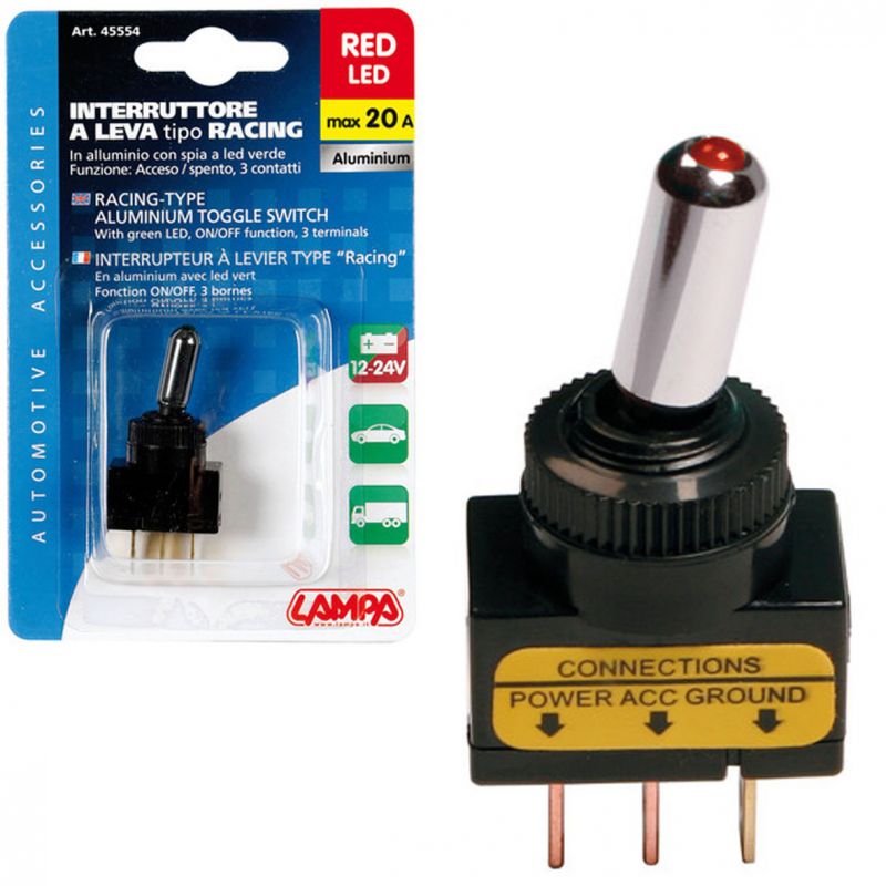 interruptor de palanca 3 terminales 12/24v 20a con led en aluminio de lampa