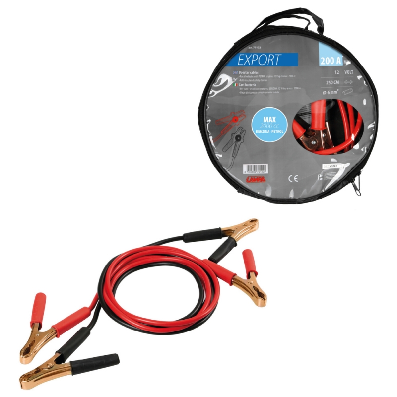 cable de arranque export 12v 200a 250 cm con pinzas de seguridad y estuche