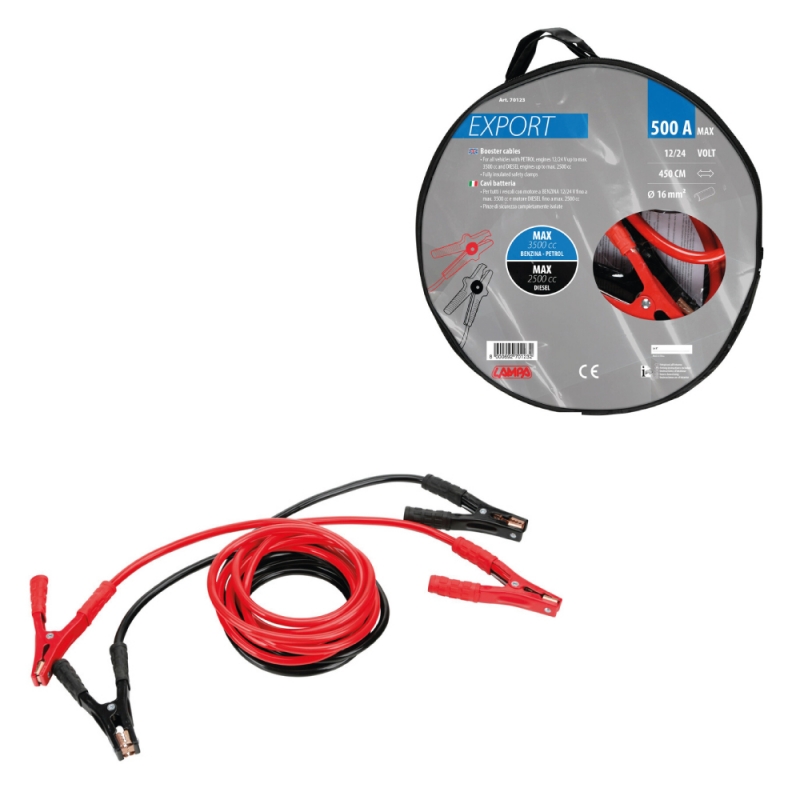 cable de arranque lampa 12/24v 500a 450 cm 22 7 mm2 con tenazas de seguridad y estuche