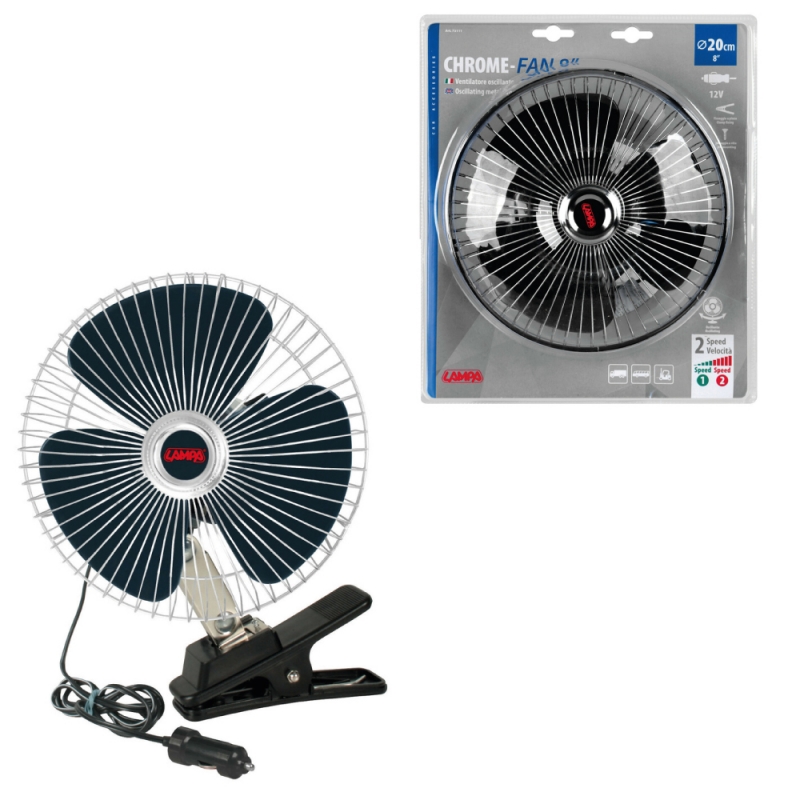 ventilador de 12v con pinza o soporte fijo y parrilla de metal cromado - lampa
