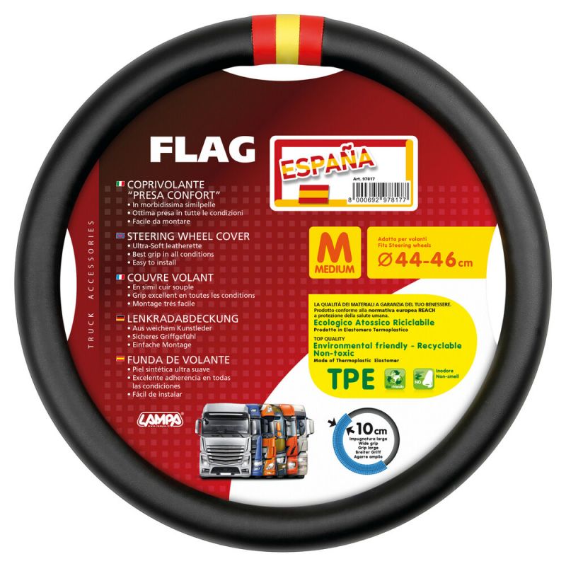 funda de volante con bandera de españa, tamaño m 44/46 cm - piel sintética suave y excelente agarre en todas las direcciones