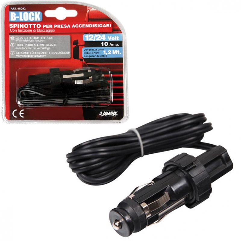 enchufe mechero con bloqueo b-lock de 120cm, 10a y 12/24v