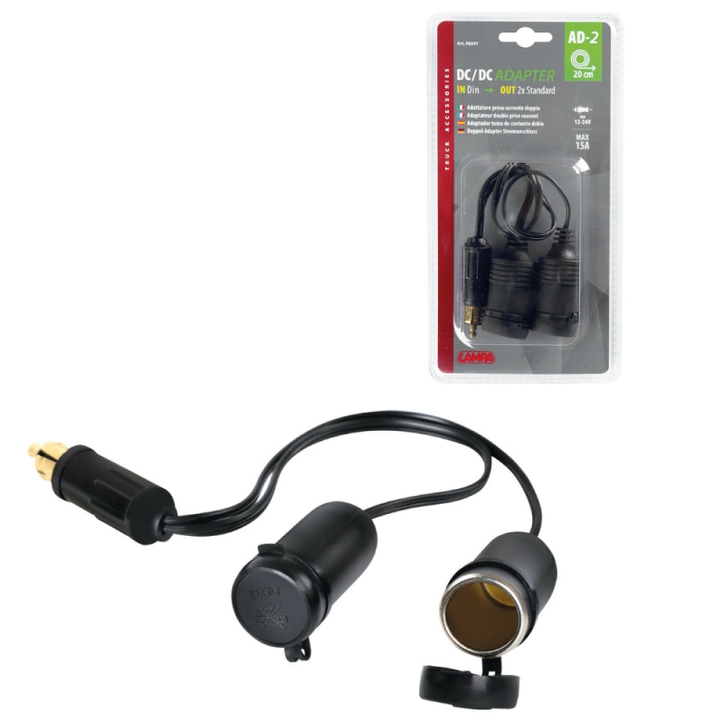 adaptador doble para mechero de coche 12/24v con fundas protectoras y cable de 20cm