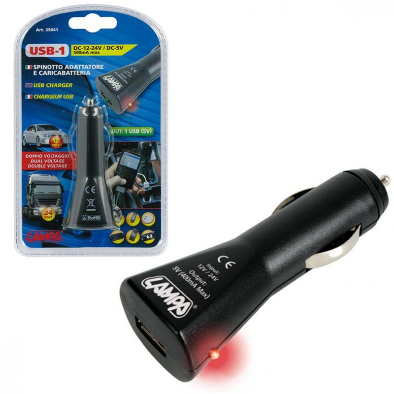 enchufe mechero con puerto usb 12/24v 500ma - lampa