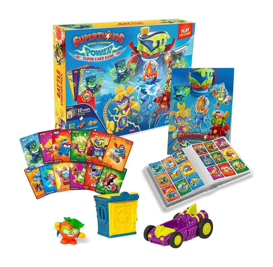 set de inicio de juego de cartas con figuras y álbum superthings power battle super card game