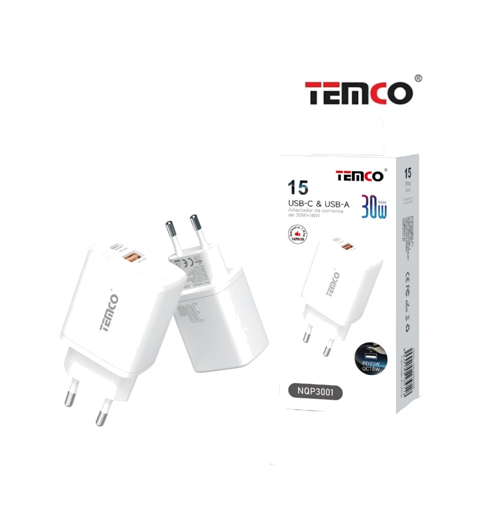 cargador de red con 2 puertos carga rapida usb (a 18w+c 30w) 3a 220/240v