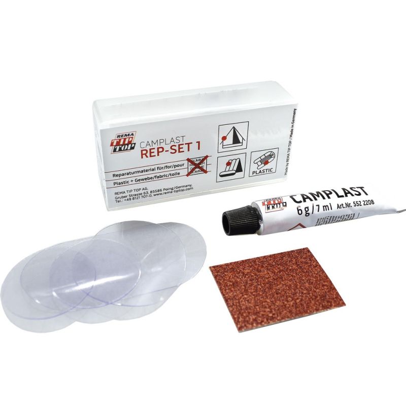 set reparaciones con 4 parches+ accesorios tip top camping mini camplast