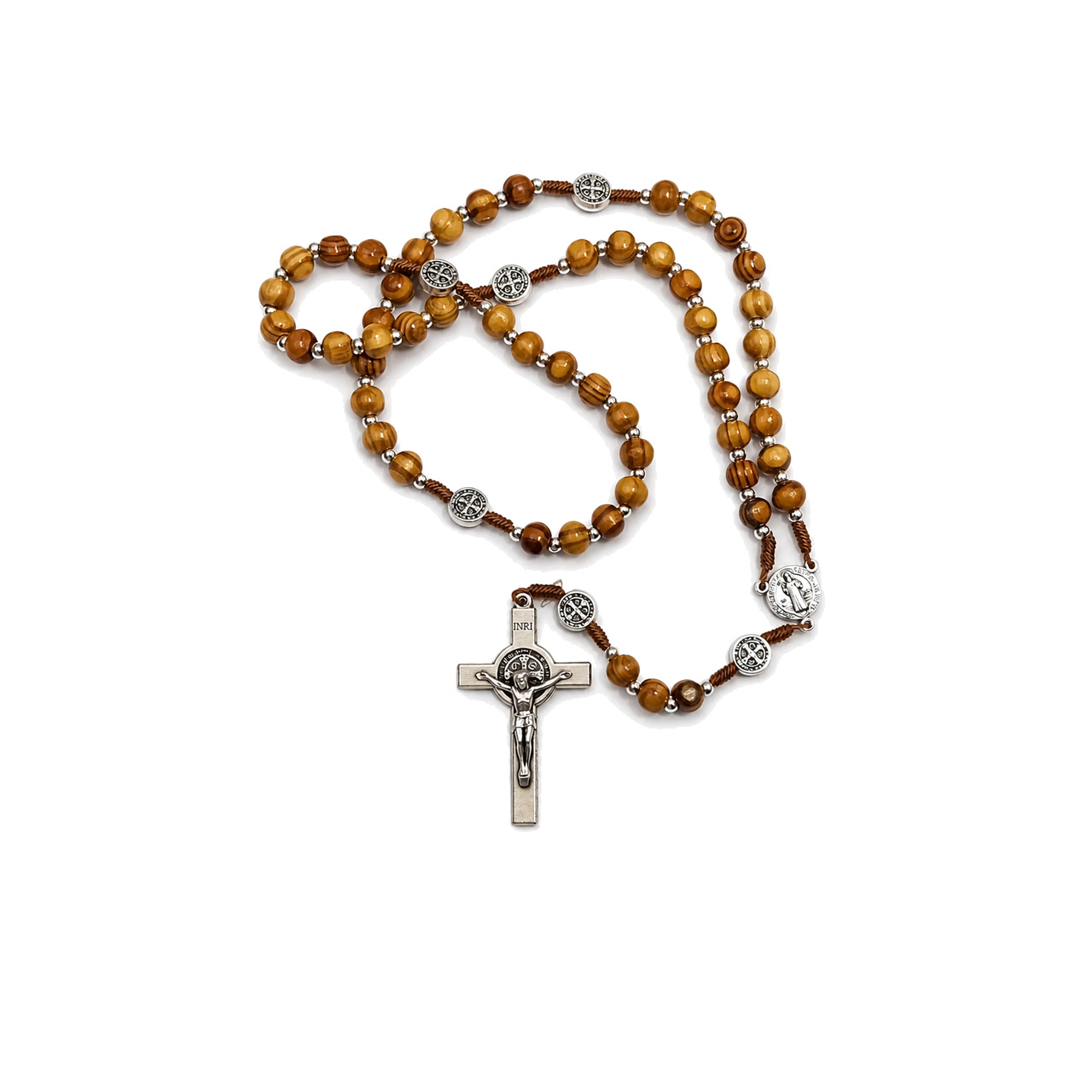 rosario de san benito en madera de olivo clara (cuentas, oración, devoción, regalo, detalle)