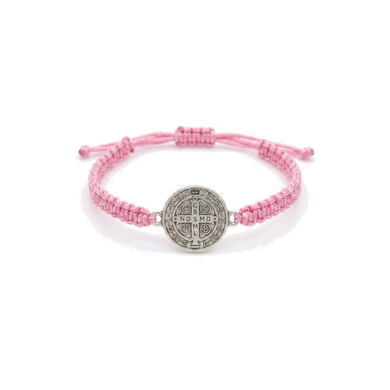 pulsera macramé de san benito con medalla bañada en plata (amuleto, joya religiosa, regalo, detalle)