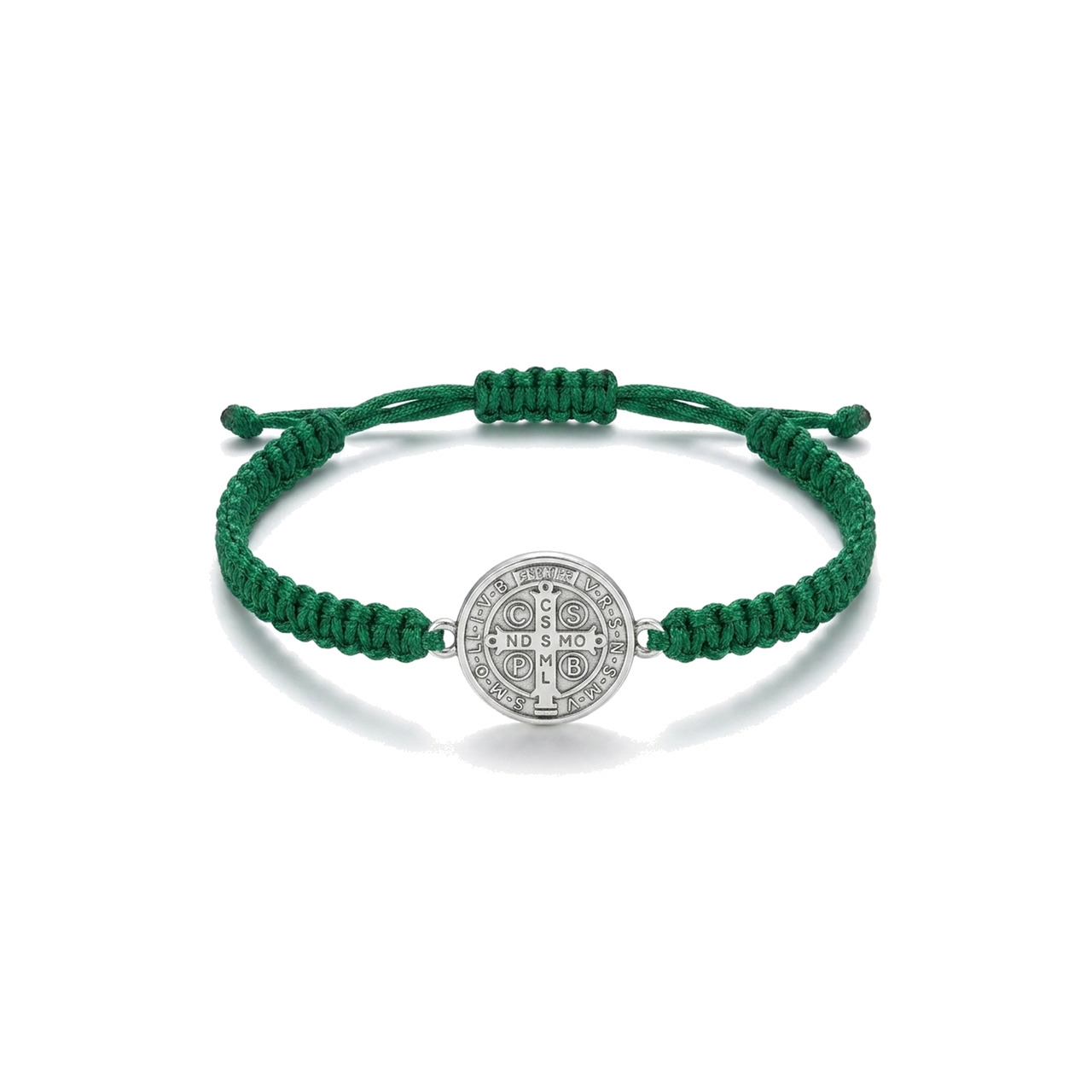 pulsera macramé de san benito con medalla bañada en plata (amuleto, joya religiosa, regalo, detalle)