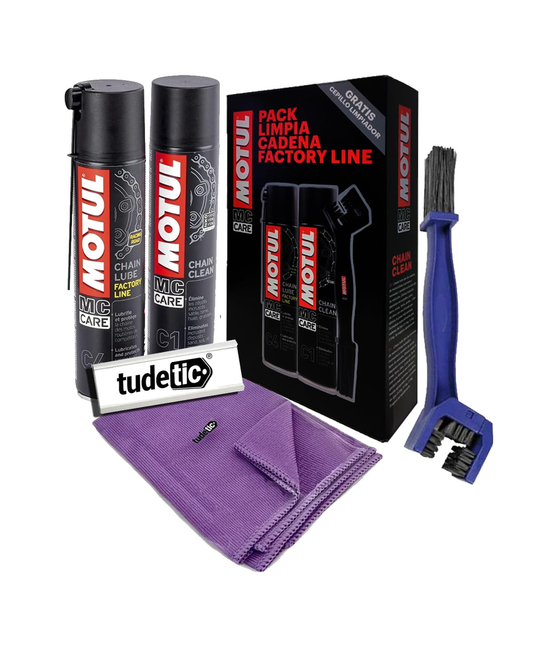 kit limpiador y lubricante motul para cadena moto racing road c1 c4 400 ml + cepillo limpieza + gamuza microfibra 30x40 cm | set mantenimiento cuidado moto